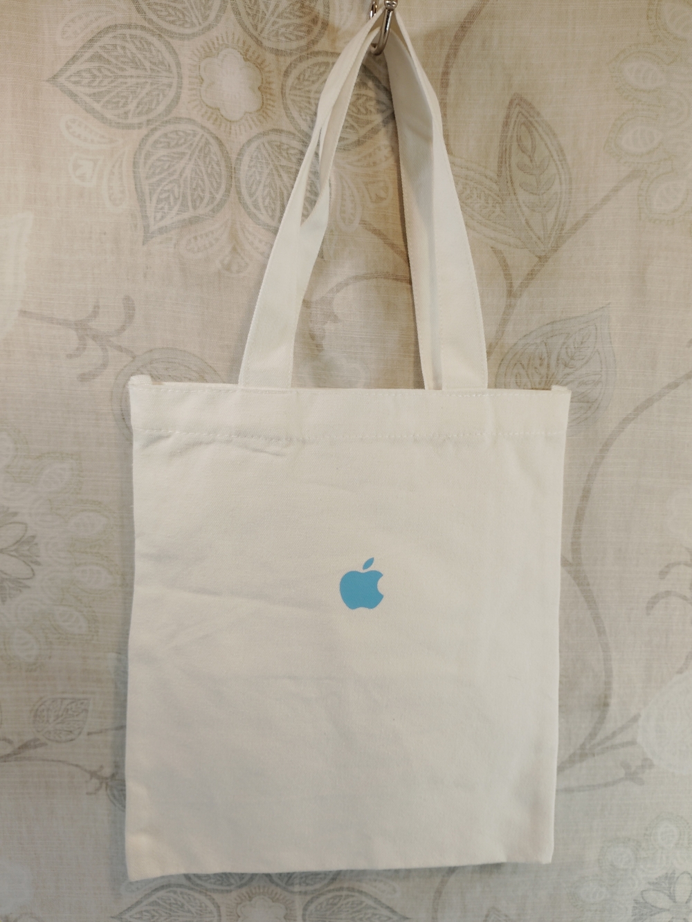 Apple White Canvas Tote with Light Blue Logo
